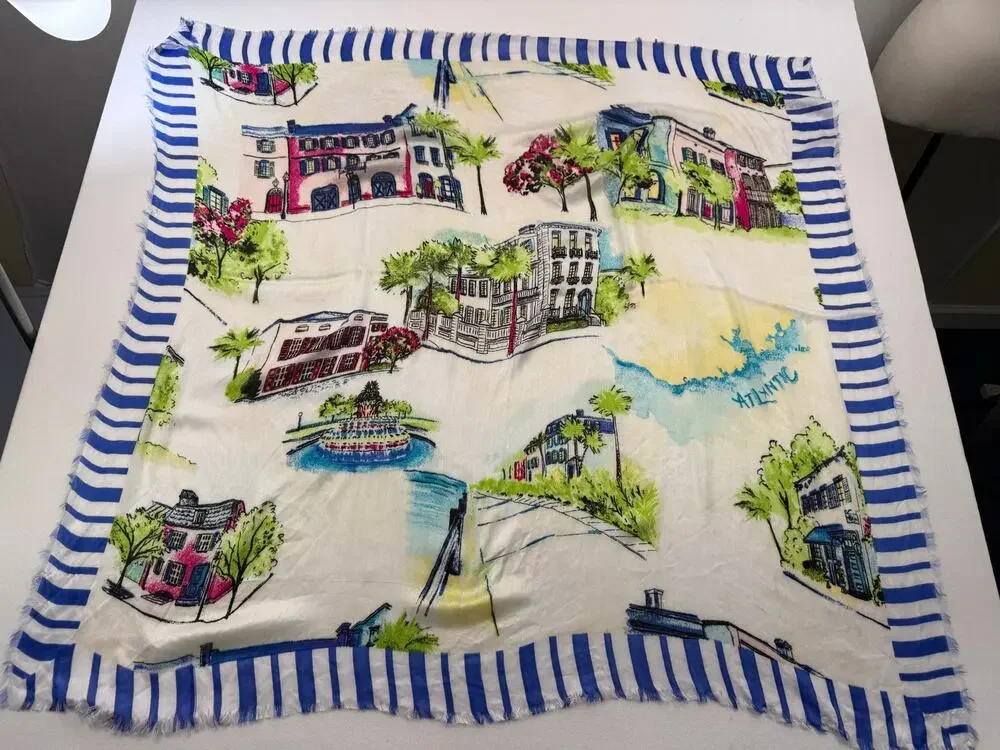 Charleston Atlantic Coastal Buildings Fringe Scarf Wrap 42 x 42